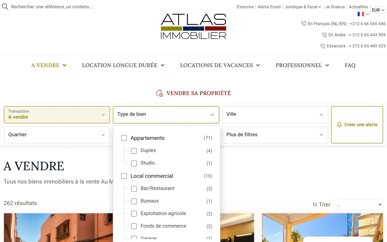 Page « A vendre » d'atlasimmobilier.com : le filtre « Type de bien » ouvert, chaque option suivie de son nombre de biens